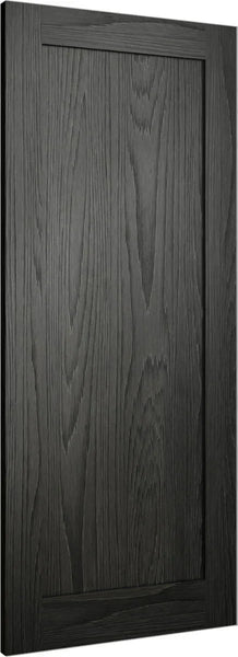 Black wood grain cabinet door with vertical panel design and matte finish