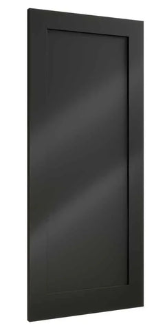 Matte black shaker kitchen cabinet door with inset panel, angled side view
