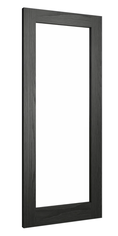 Rectangular black wood mirror frame with visible grain detail, angled side view