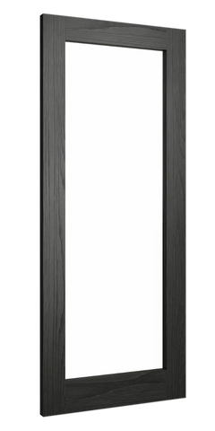 Rectangular black wood mirror frame with visible grain detail, angled side view