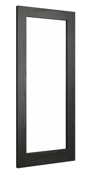Rectangular black wood mirror frame with visible grain detail, angled side view
