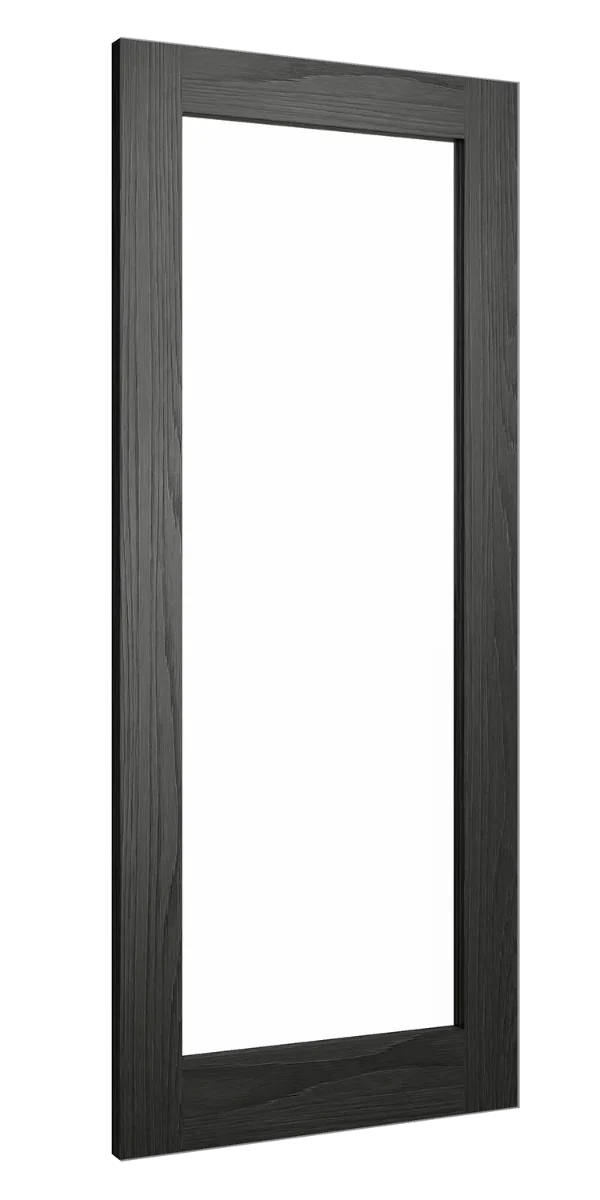 Rectangular black wood mirror frame with visible grain detail, angled side view