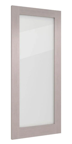 Light grey ash glass cabinet door with wood grain frame, shown at an angle