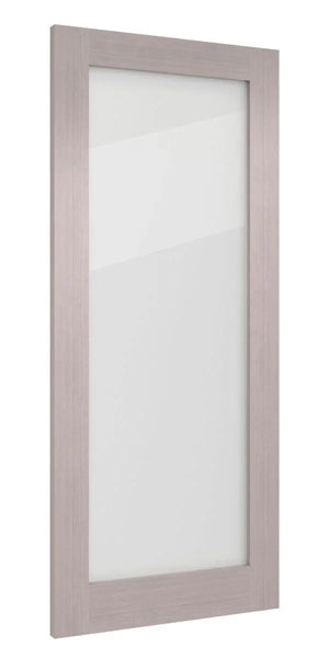 Light grey ash glass cabinet door with wood grain frame, shown at an angle