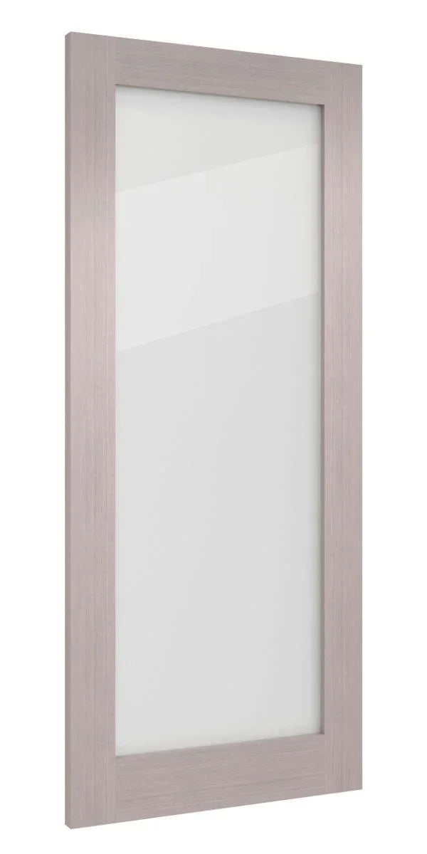 Light grey ash glass cabinet door with wood grain frame, shown at an angle