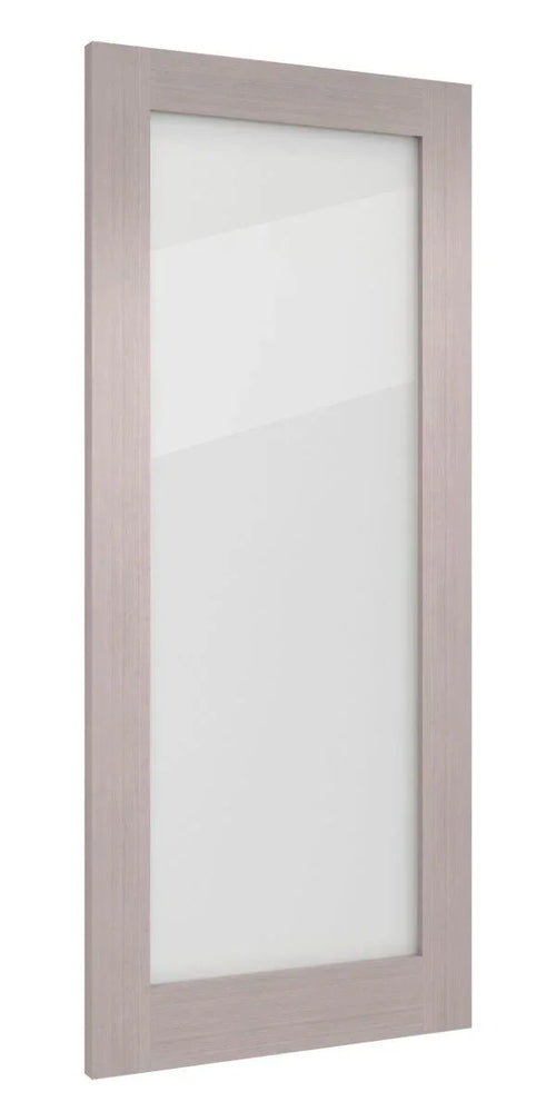 Light grey ash cabinet door with glass panel, shown at an angle