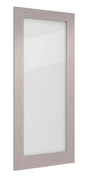 Light grey ash cabinet door with glass panel, shown at an angle