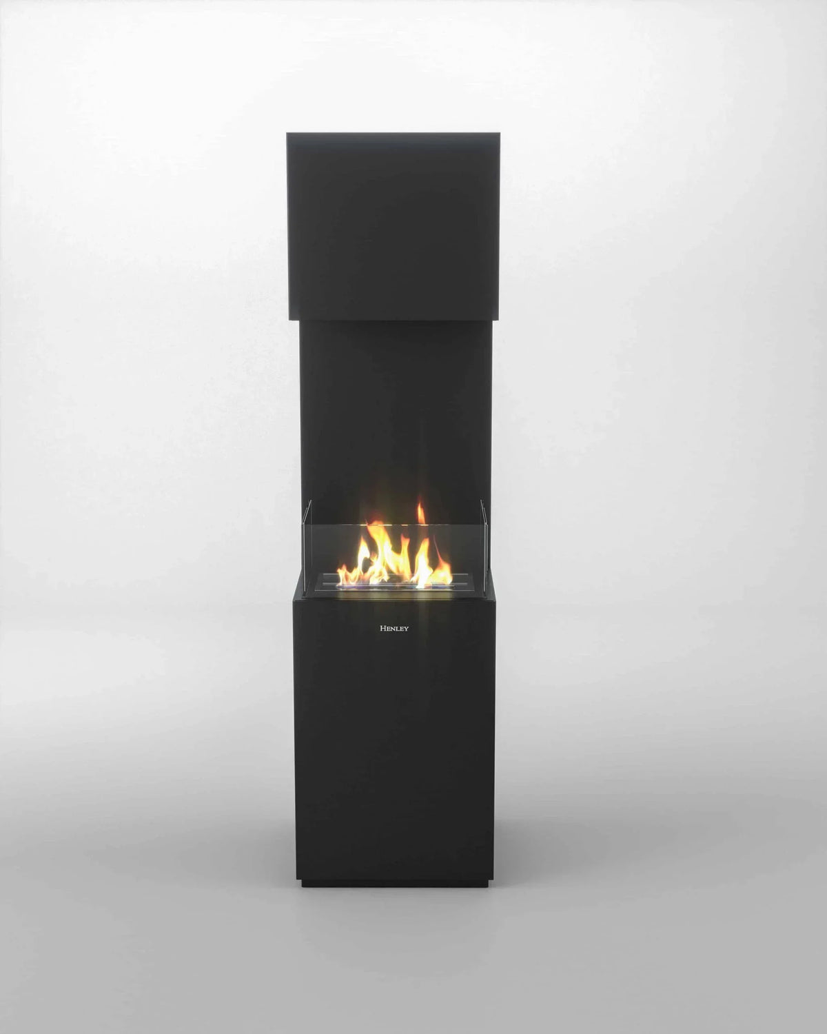 Modern black freestanding bioethanol fireplace with visible flame and glass safety panels
