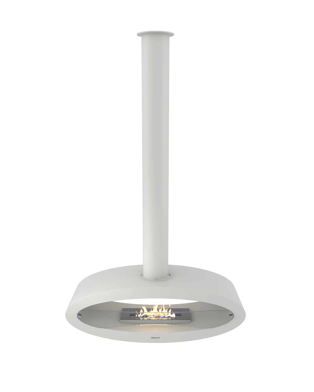 White suspended bioethanol fireplace with visible flames and oval glass front panel
