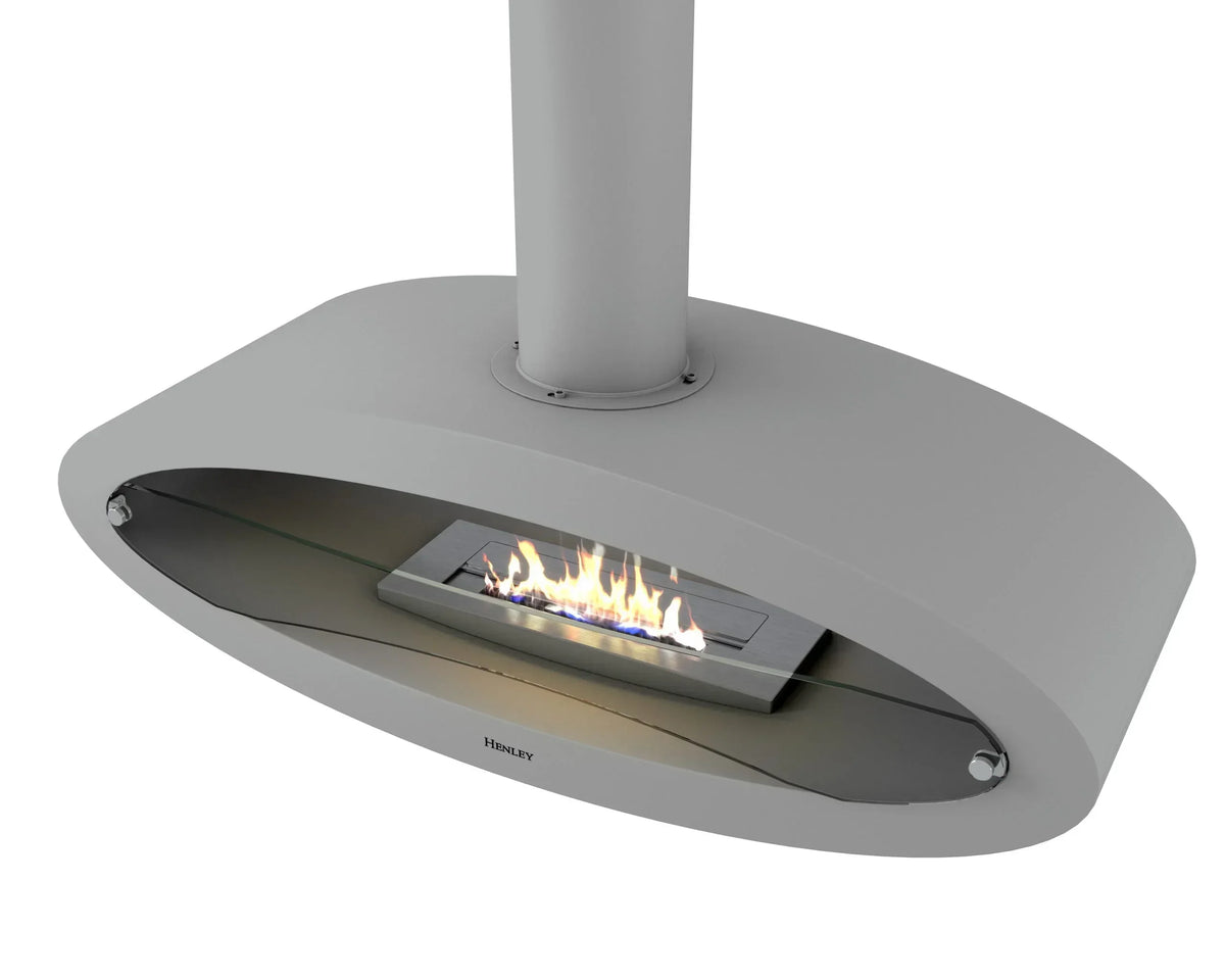 Silver oval suspended bioethanol fireplace with glass front and visible flame