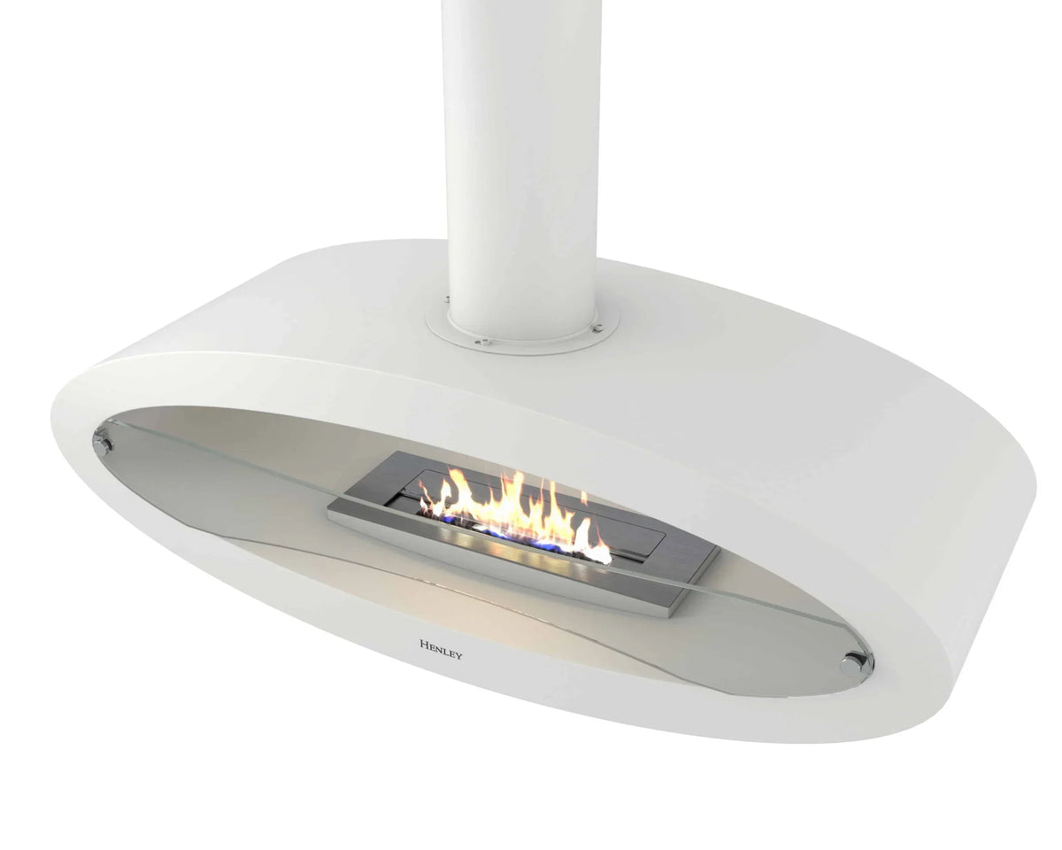 White suspended bioethanol fireplace with glass front and visible flame