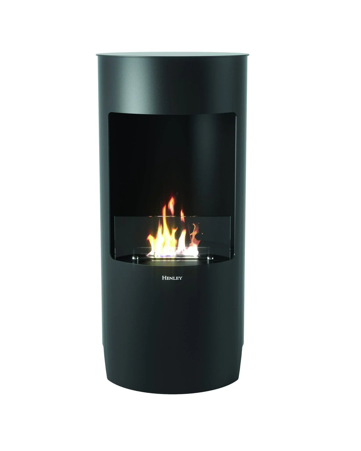 Black freestanding bioethanol fire with visible flames and glass front panel