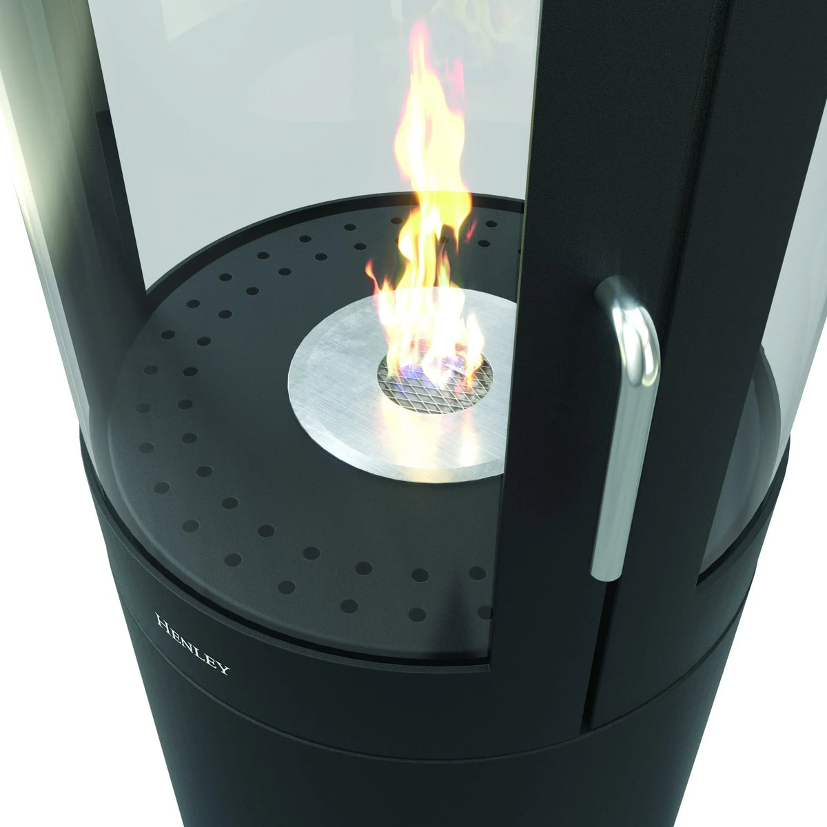 Black freestanding bioethanol fireplace with visible flame and glass surround