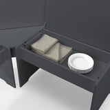 Anthracite corner dining set bench storage with folded napkins and stacked white plates