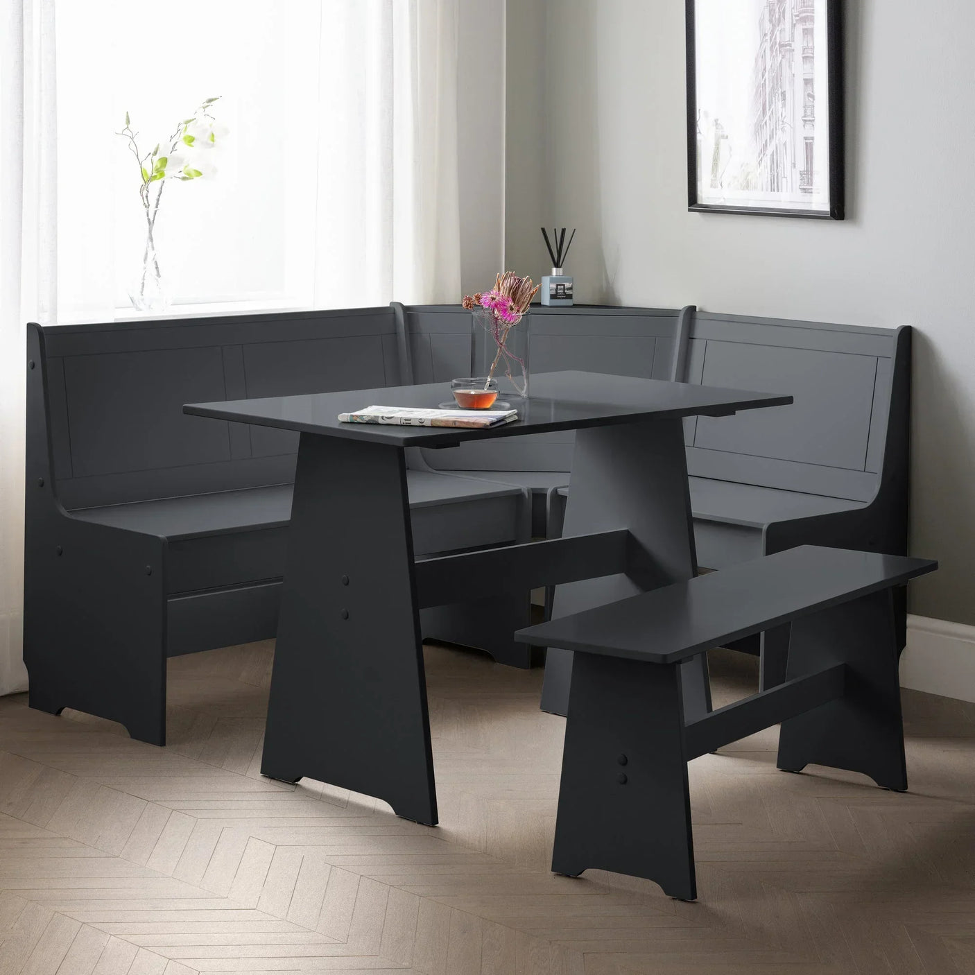 Anthracite corner dining set with matching bench in modern dining room setting