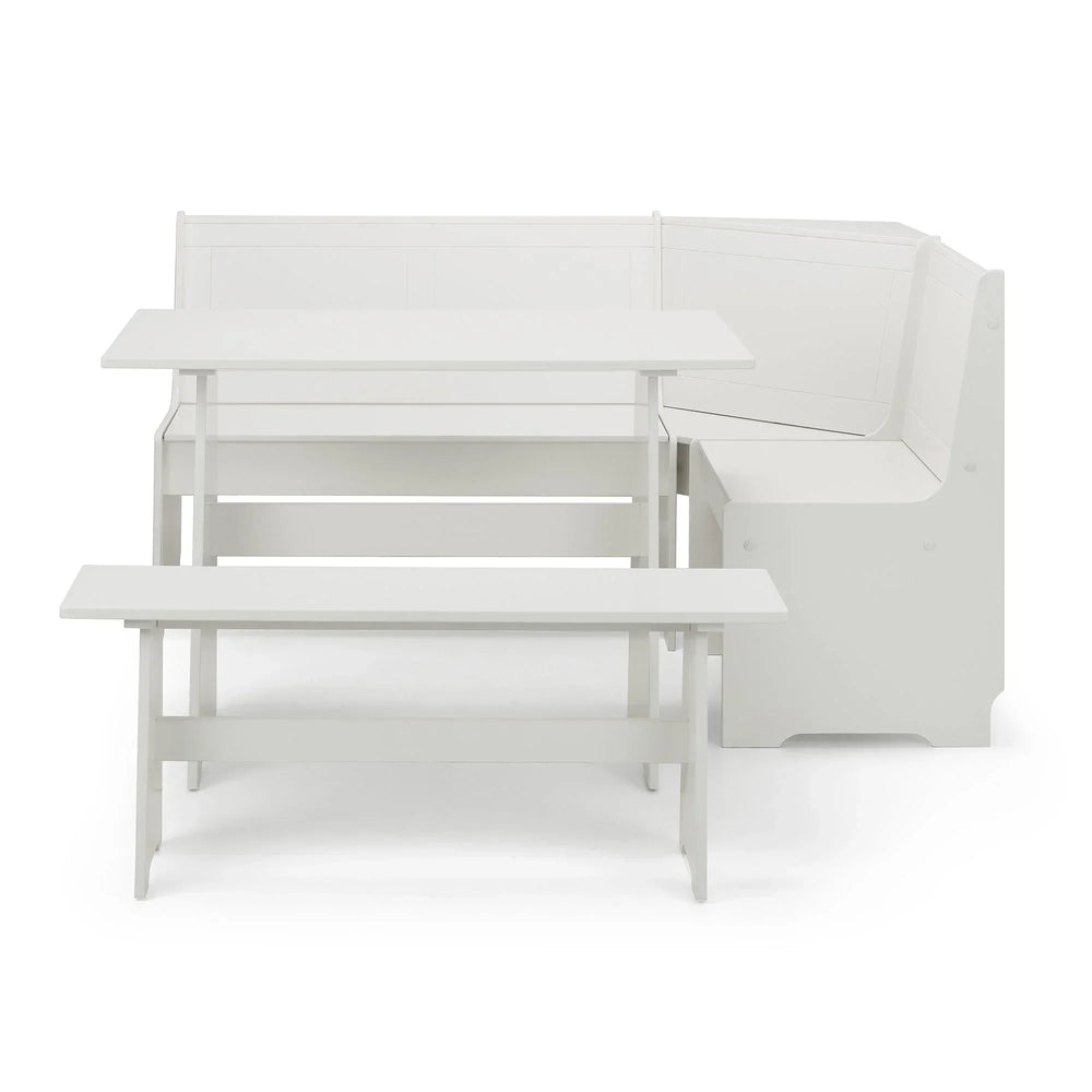 White corner dining set with built-in bench seating and two matching benches, front view