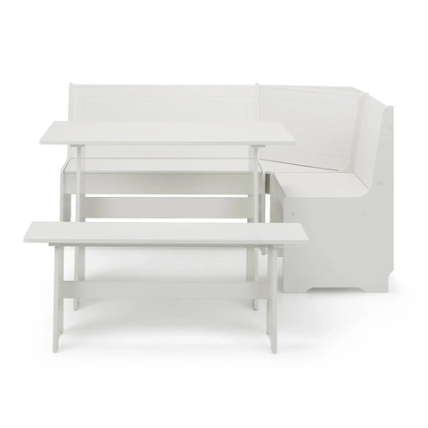 White corner dining set with built-in bench seating and two matching benches, front view