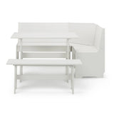 White corner dining set with built-in bench seating and two matching benches, front view