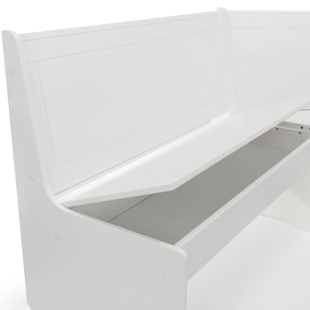White corner bench seat with open lift-up storage compartment
