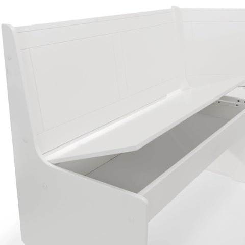 White corner bench seat with open lift-up storage compartment