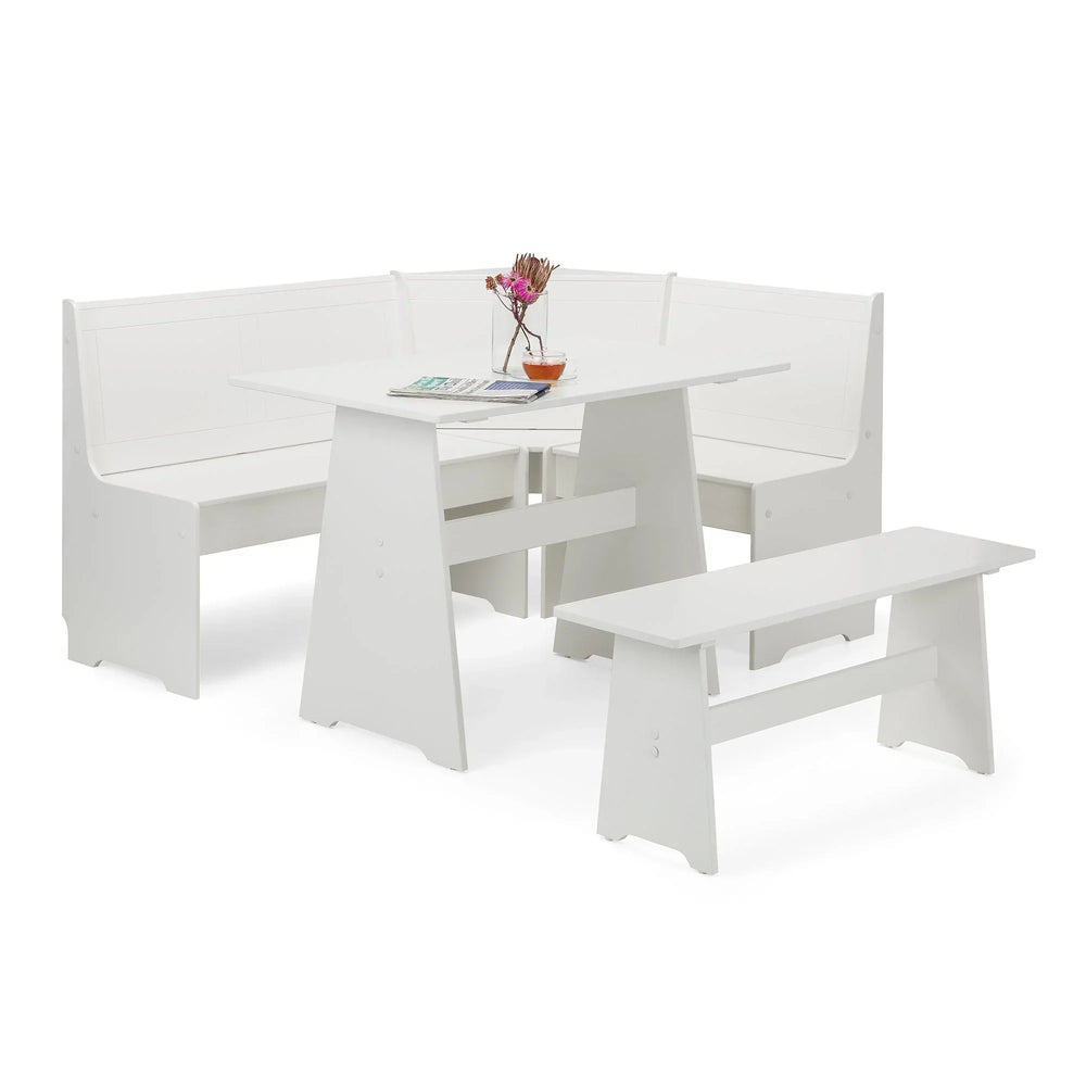 White wooden corner dining set with matching table, L-shaped bench and standalone bench