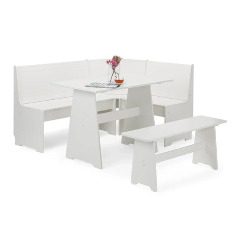 White wooden corner dining set with matching table, L-shaped bench and standalone bench
