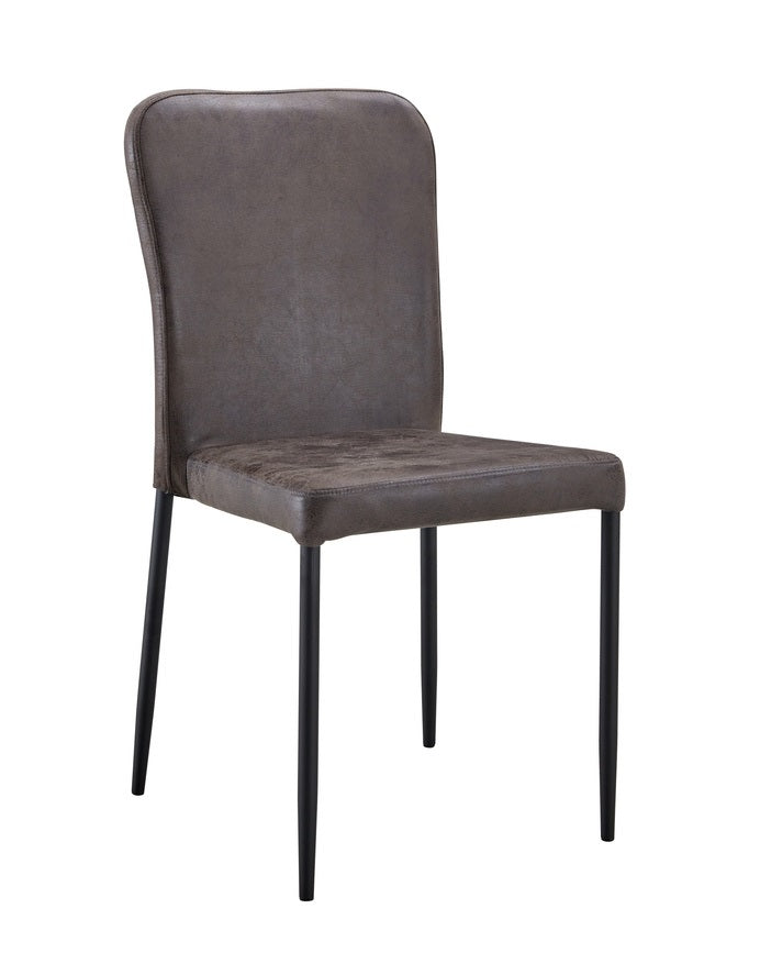A modern dining chair with a tall, curved backrest and a padded seat, upholstered in a textured brown faux leather or vinyl material, supported by slim black metal legs, shown against a plain white background.