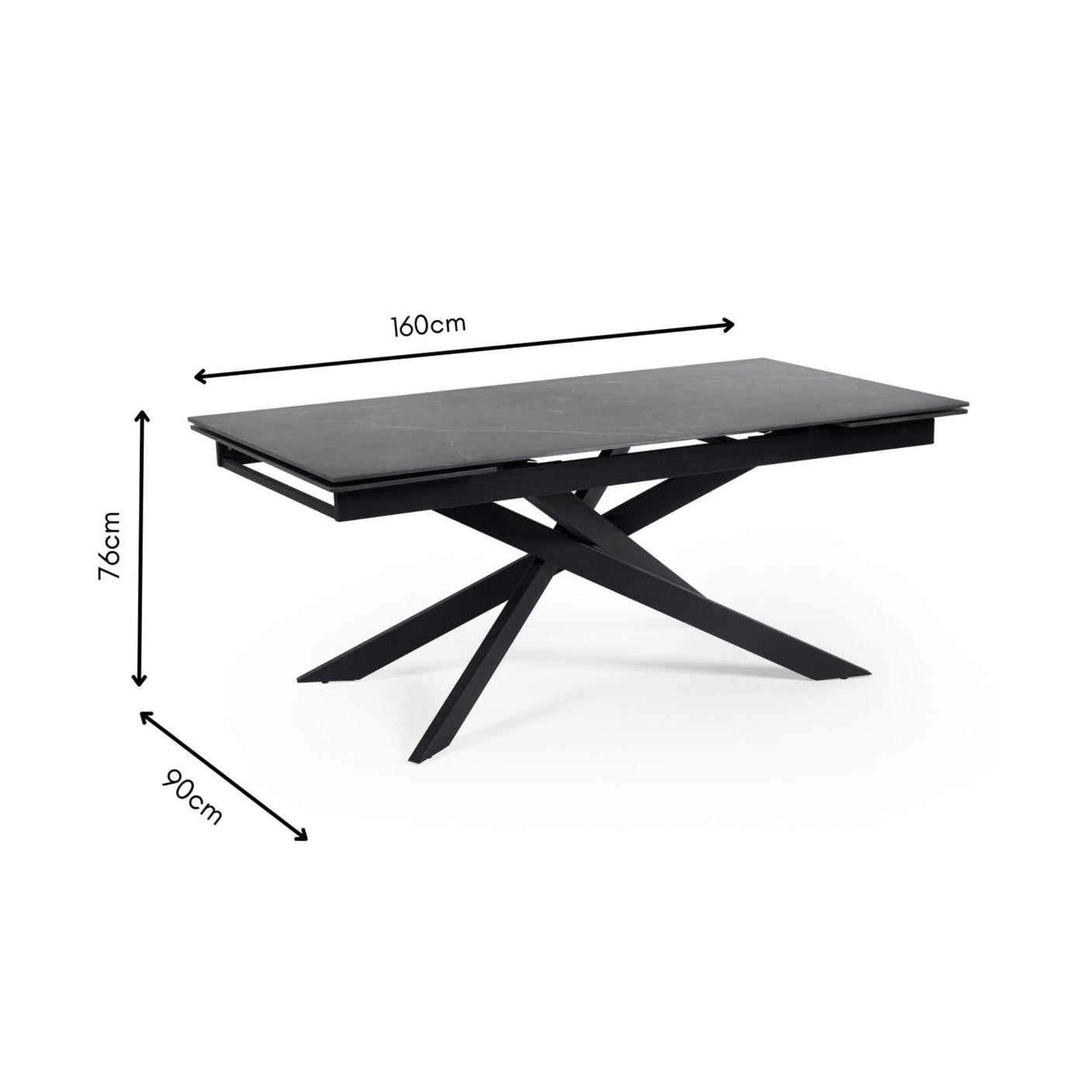 Dining table with folded position showing 160cm length, 90cm width and 76cm height dimensions