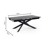 Dining table with folded position showing 160cm length, 90cm width and 76cm height dimensions
