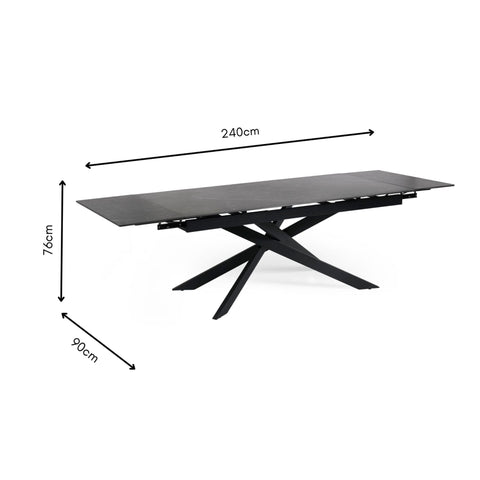 Modern black extending dining table with X-shaped metal legs, shown with dimensions on white background.