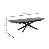 Modern black extending dining table with X-shaped metal legs, shown with dimensions on white background.