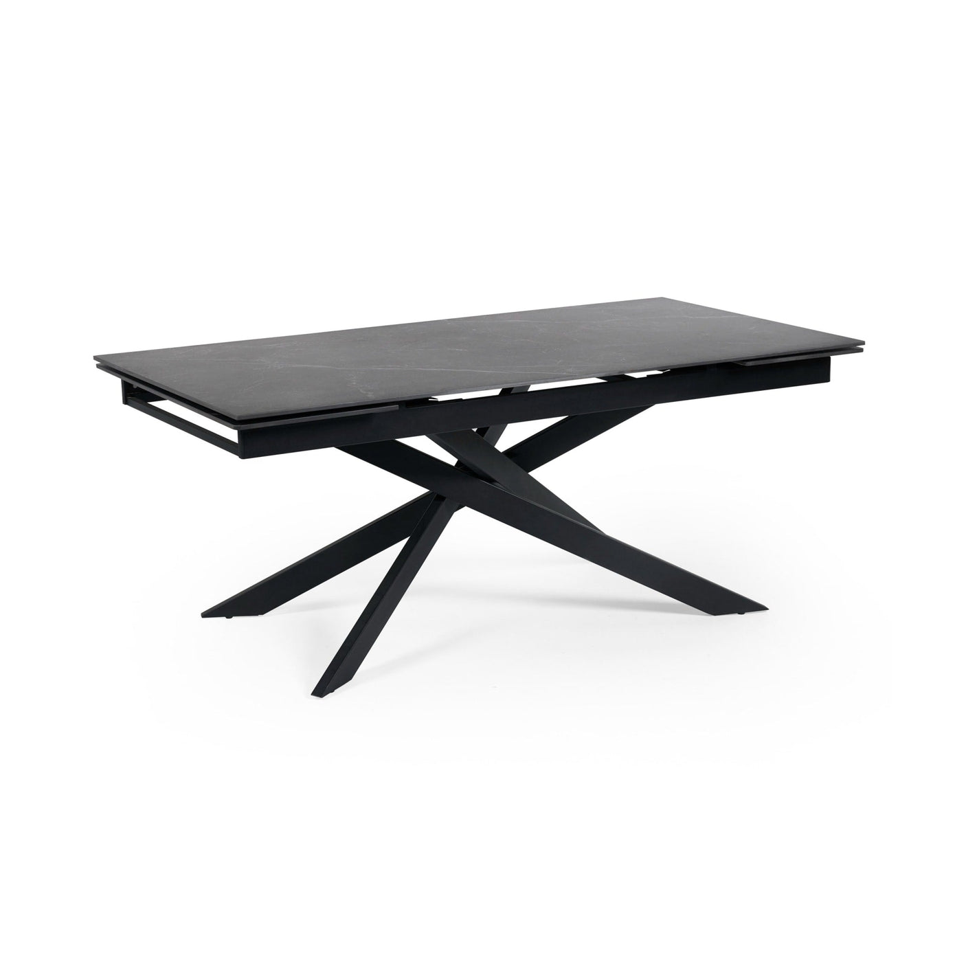 Rectangular matte black extending dining table with crossed metal base, isolated on white background