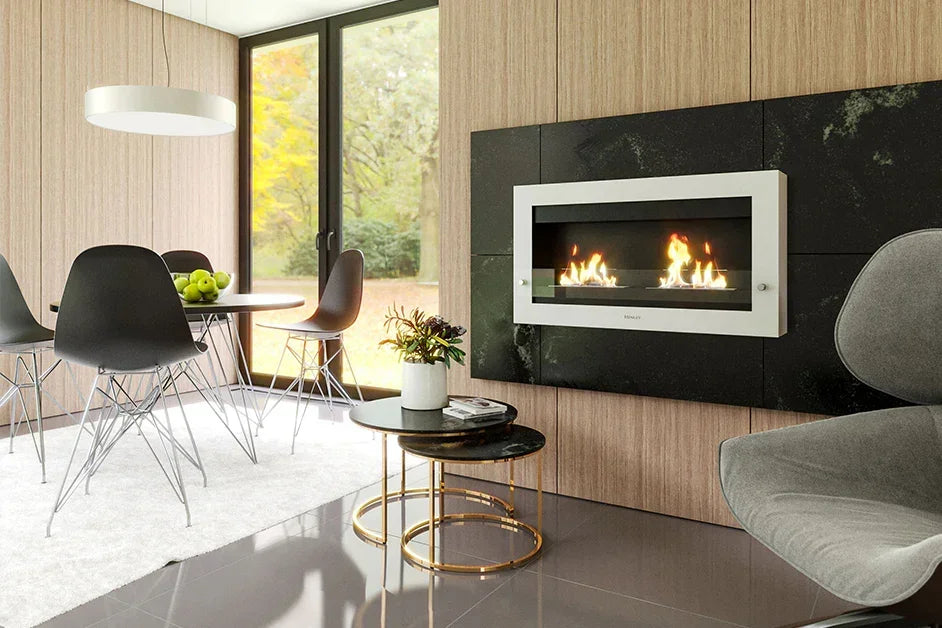 Wall mounted modern fireplace with white frame in contemporary dining room with black chairs