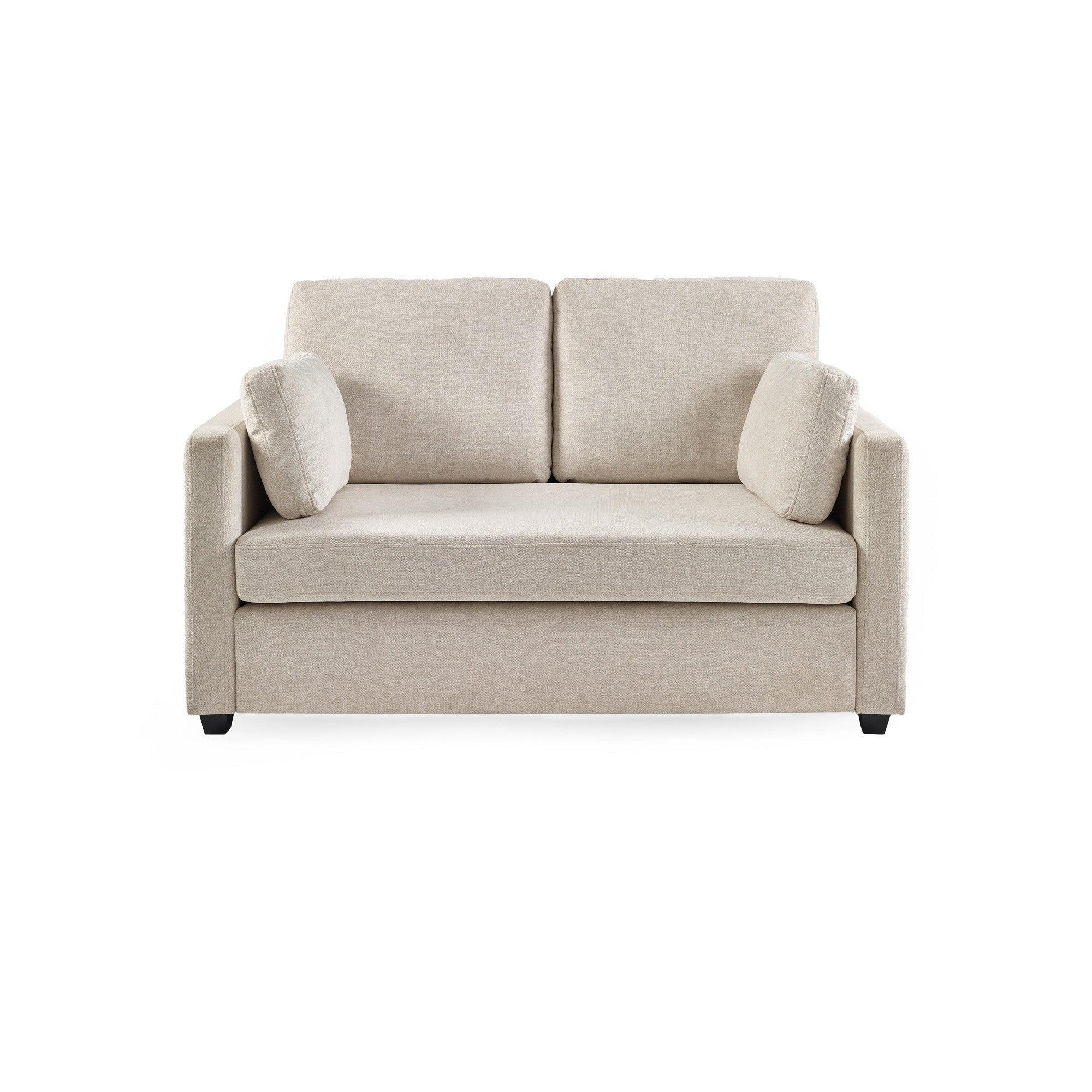 Beige fabric two-seater sofa with square armrests and matching cushions, front view