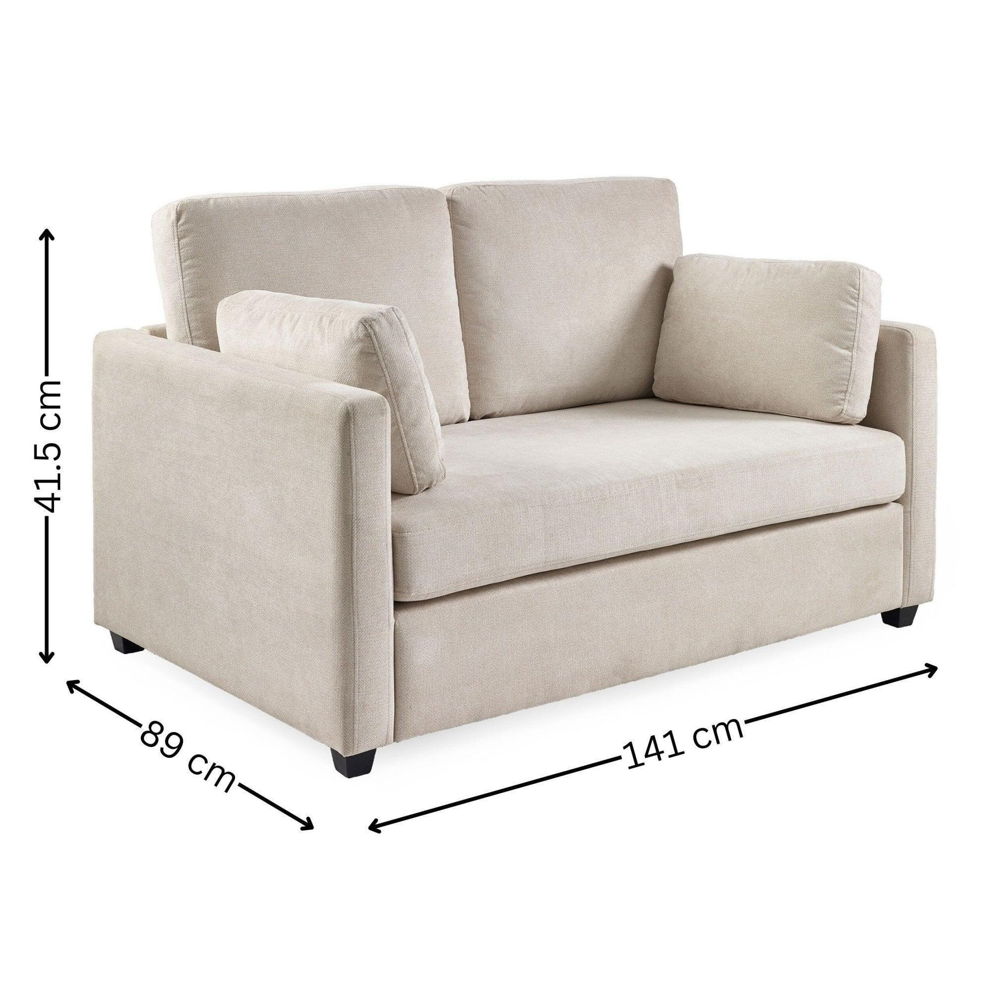 Beige fabric sofa with armrests, back cushions, side pillows and dimensions labeled