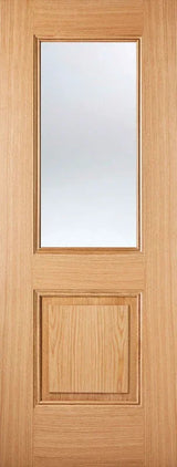 Oak glazed internal door with clear glass panel and wood grain finish, front view