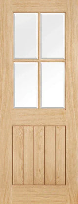 Oak internal door with four clear glass panels and vertical wood panels at the bottom