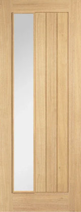Oak glazed internal door with clear vertical offset glass panel and wood grain finish