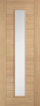 Oak internal door with long glazed panel, light finish, horizontal wood grain detail
