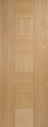 Oak interior door with vertical side panels and horizontal central panels