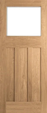 Oak DX 30s style unglazed internal door with three vertical panels and top glass opening