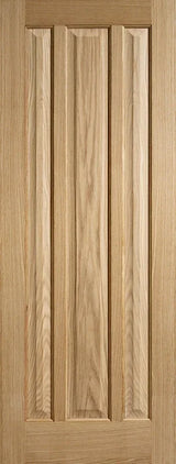 Oak interior door with three vertical panels and natural wood grain finish