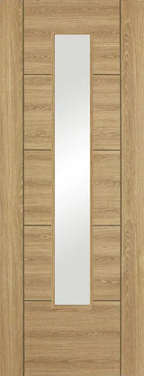 Oak laminated interior door with vertical glazed panel and horizontal wood grain sections