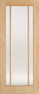 Oak Lincoln glazed door with three clear glass panels, natural wood grain visible
