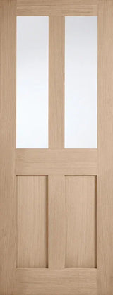 Oak pre-finished glazed door with two vertical glass panels and wood grain texture