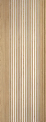 Oak glazed interior door with vertical frosted glass panels and light wood grain finish