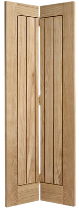 Oak Mexicano bi-fold pre-finished door with vertical panels, partially folded