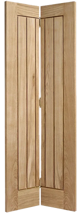 Oak bi-fold door with vertical panels displayed partially open