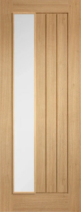 Oak Mexicano clear glazed internal door with offset vertical glass panel and wood grain
