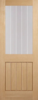 Oak Mexicano glazed half light door with vertical frosted glass panel and wood detailing